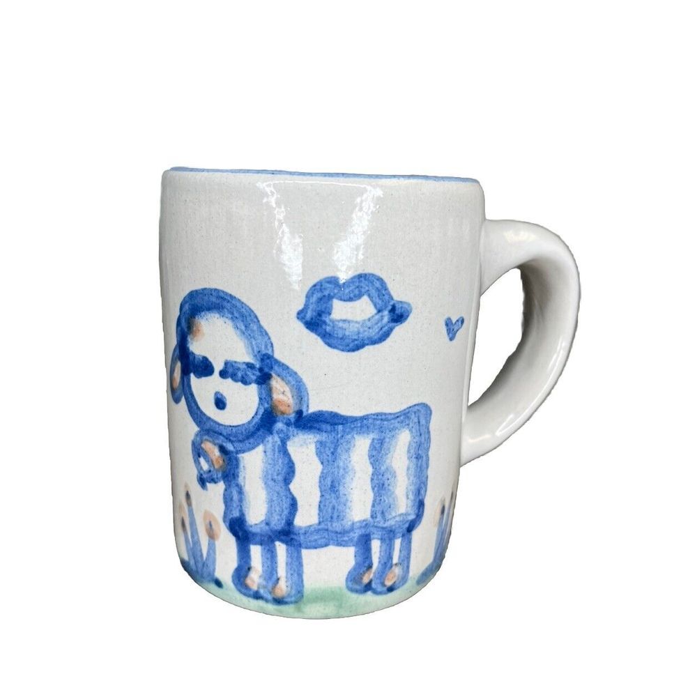 White Ceramic Mug with Hand-Painted Blue Sheep Design